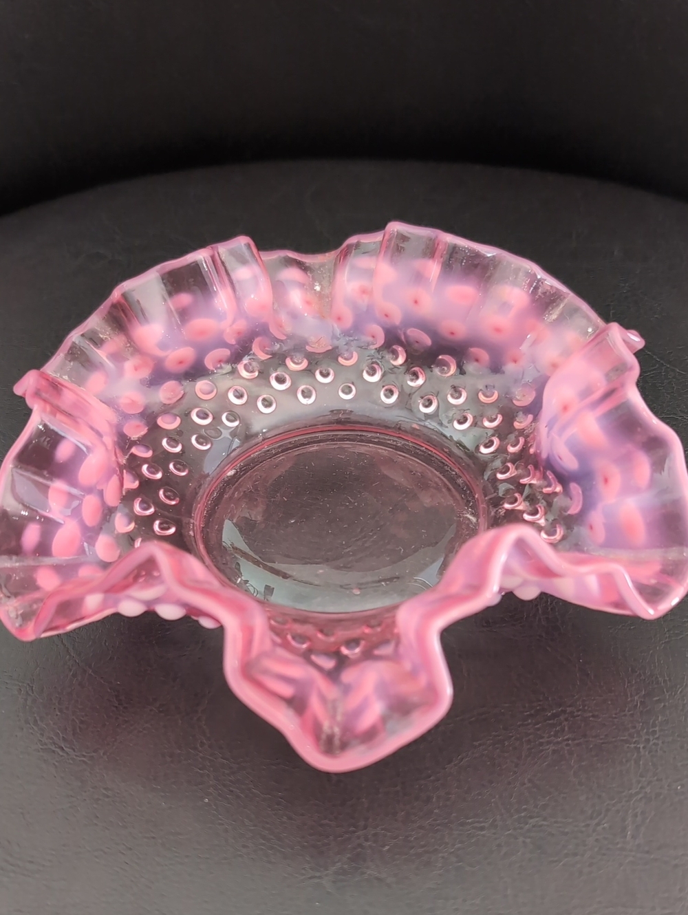 Fenton Pink Hobnail Ruffled Glass Bowl